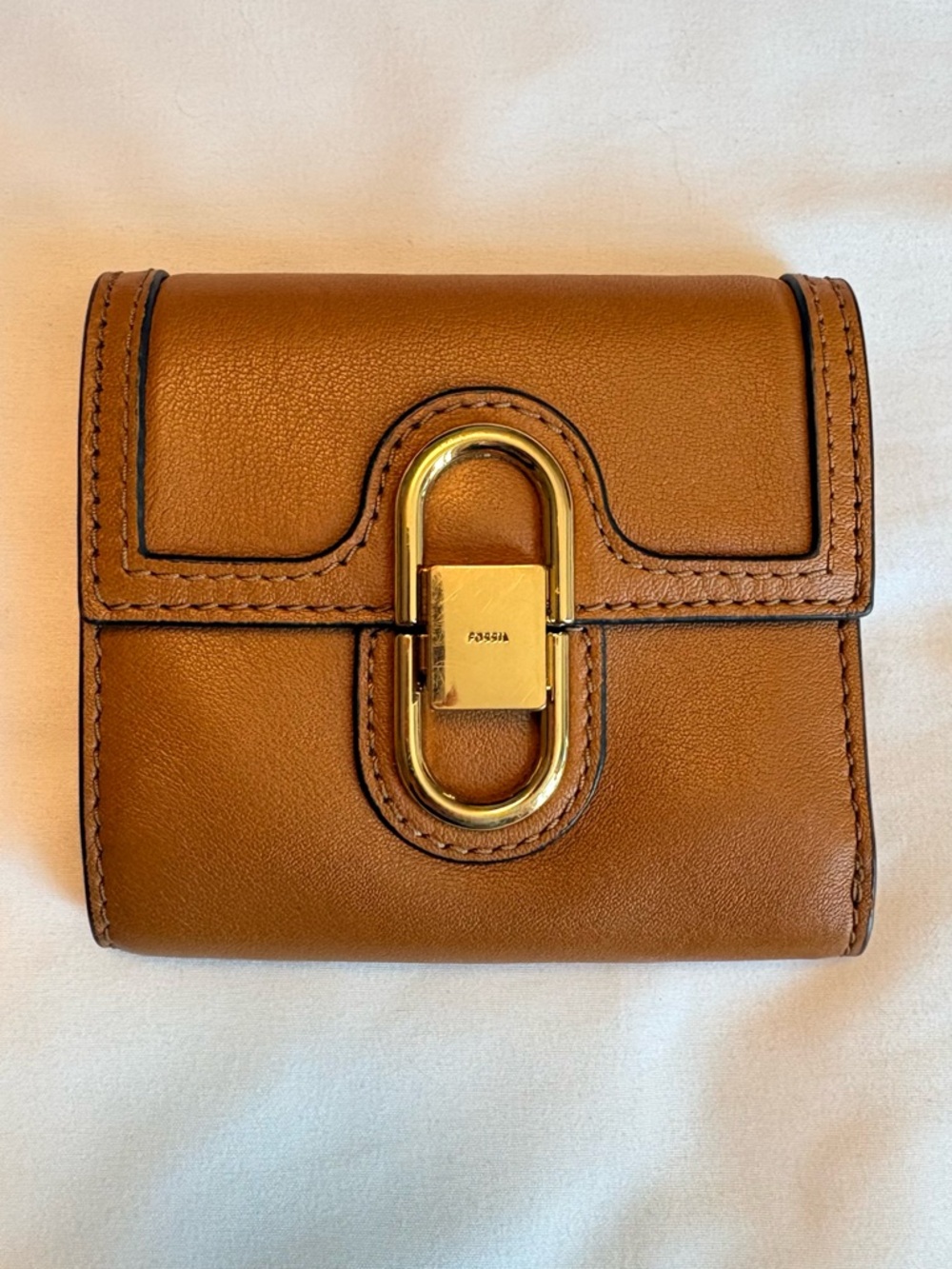 Fossil Cognac Leather Wallet with Gold Hardware